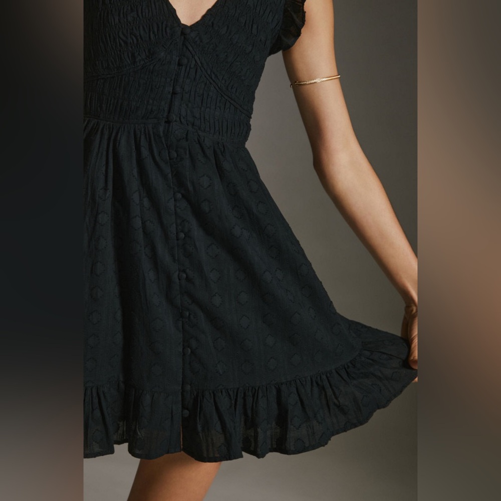 Anthropologie Peregrine Mini Dress Women's Size XS Black Cotton Smocked Pockets - Picture 4 of 12